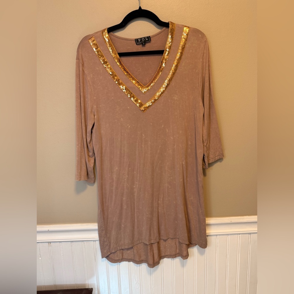POL Tan Tunic with Gold Trim-Size Small‎ S